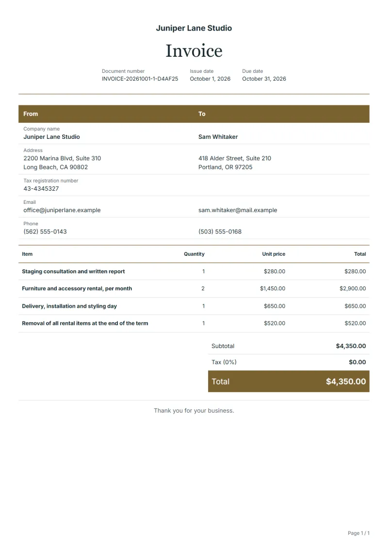 Free home staging invoice template: sample document with line items, quantities, prices and the total