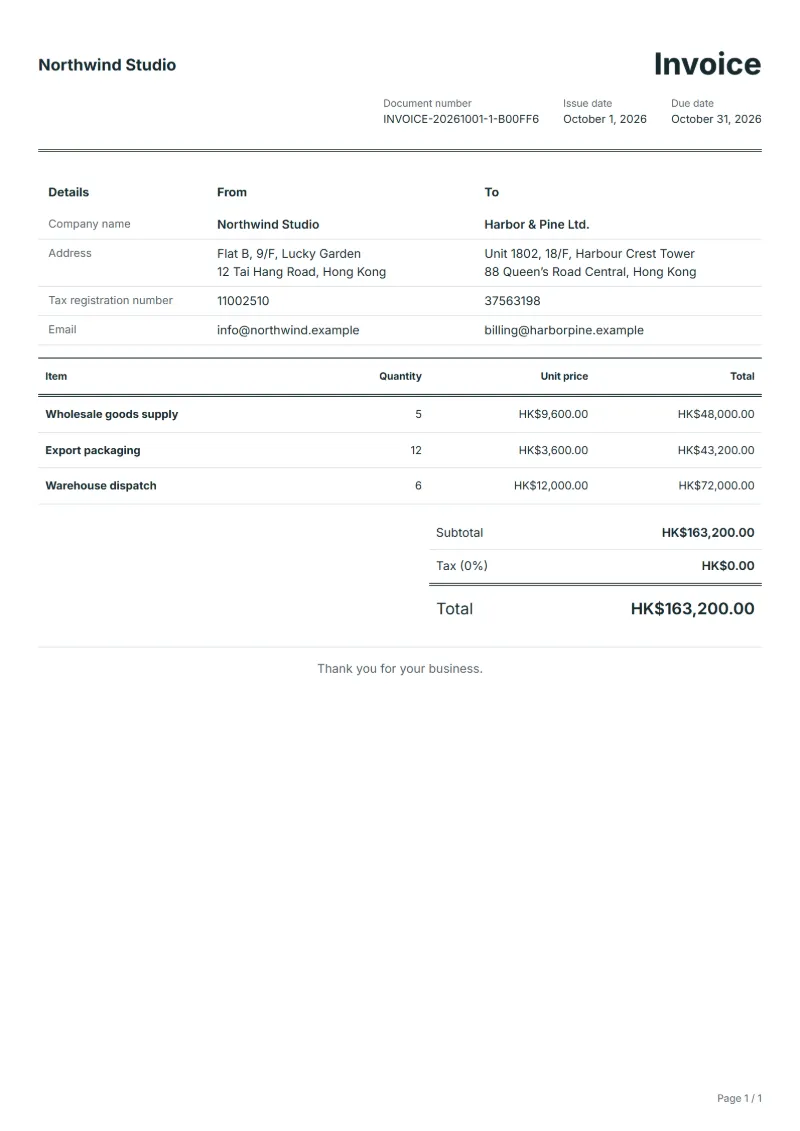 Free Hong Kong invoice template: sample document with fictional company names, line items, quantities, prices and the total
