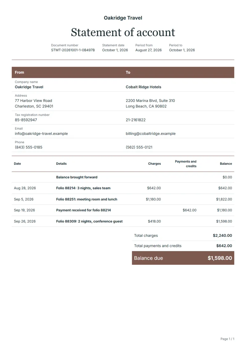 Free hotel corporate account statement template: sample document with dated charges, payments and the balance due