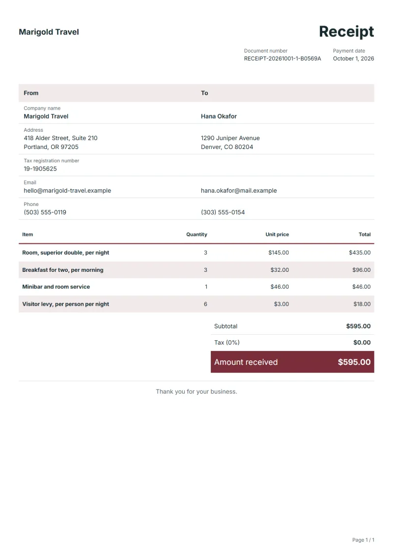 Free hotel folio receipt template: sample document with fictional company names, line items, quantities, prices and the total