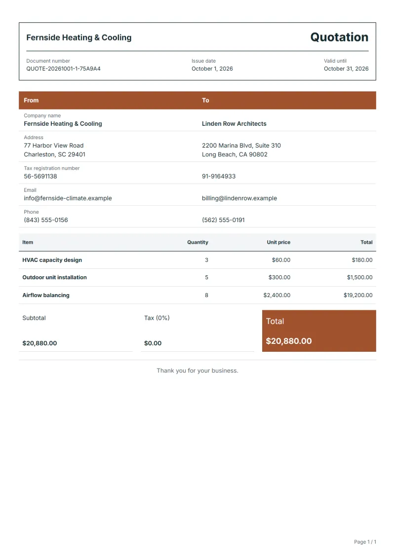 Free HVAC installation quotation template: sample document with line items, quantities, prices and the total