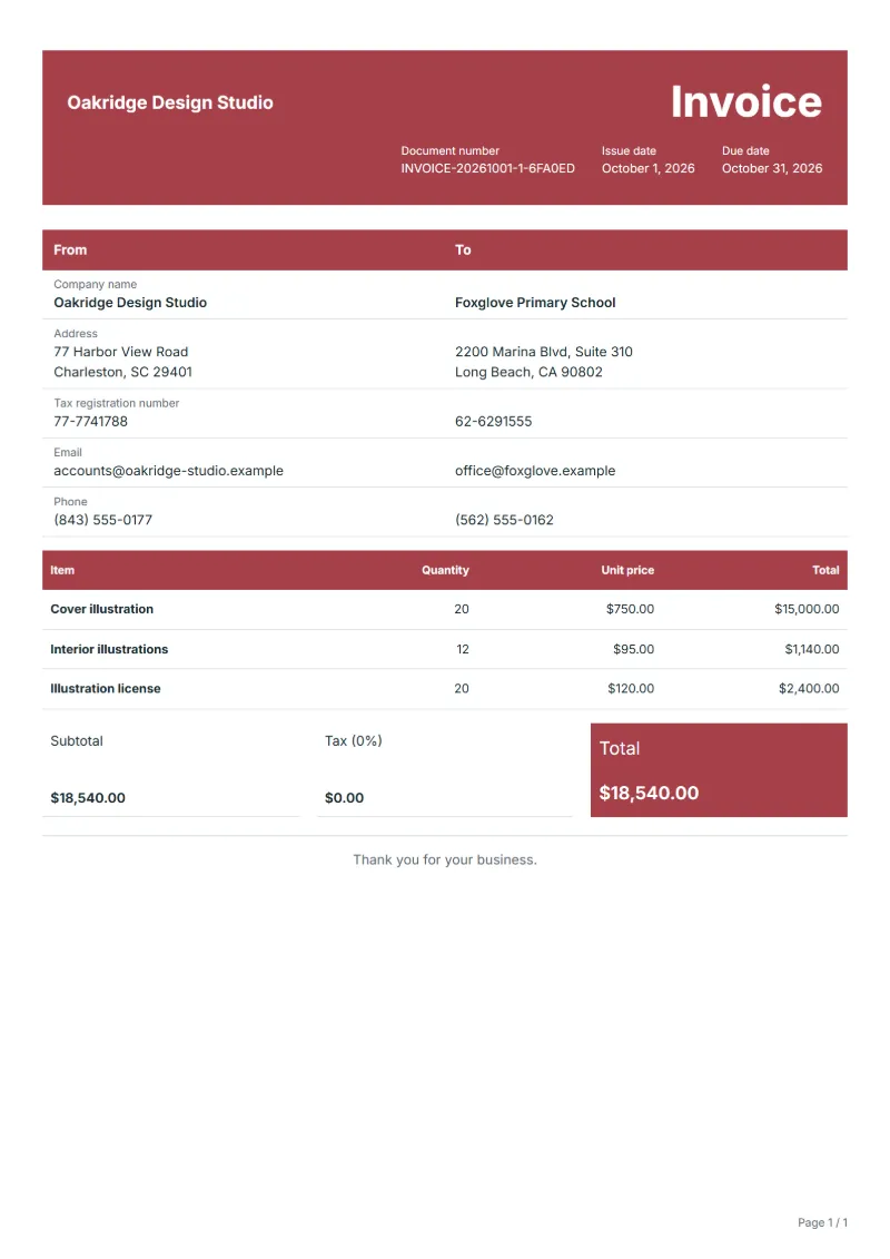 Free illustration invoice template: sample document with line items, quantities, prices and the total