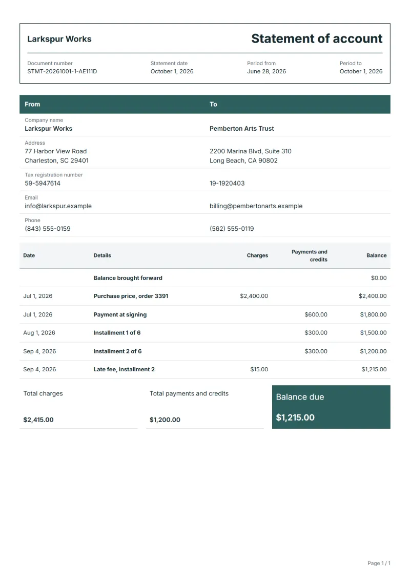 Free installment plan statement template: sample document with dated charges, payments and the balance due