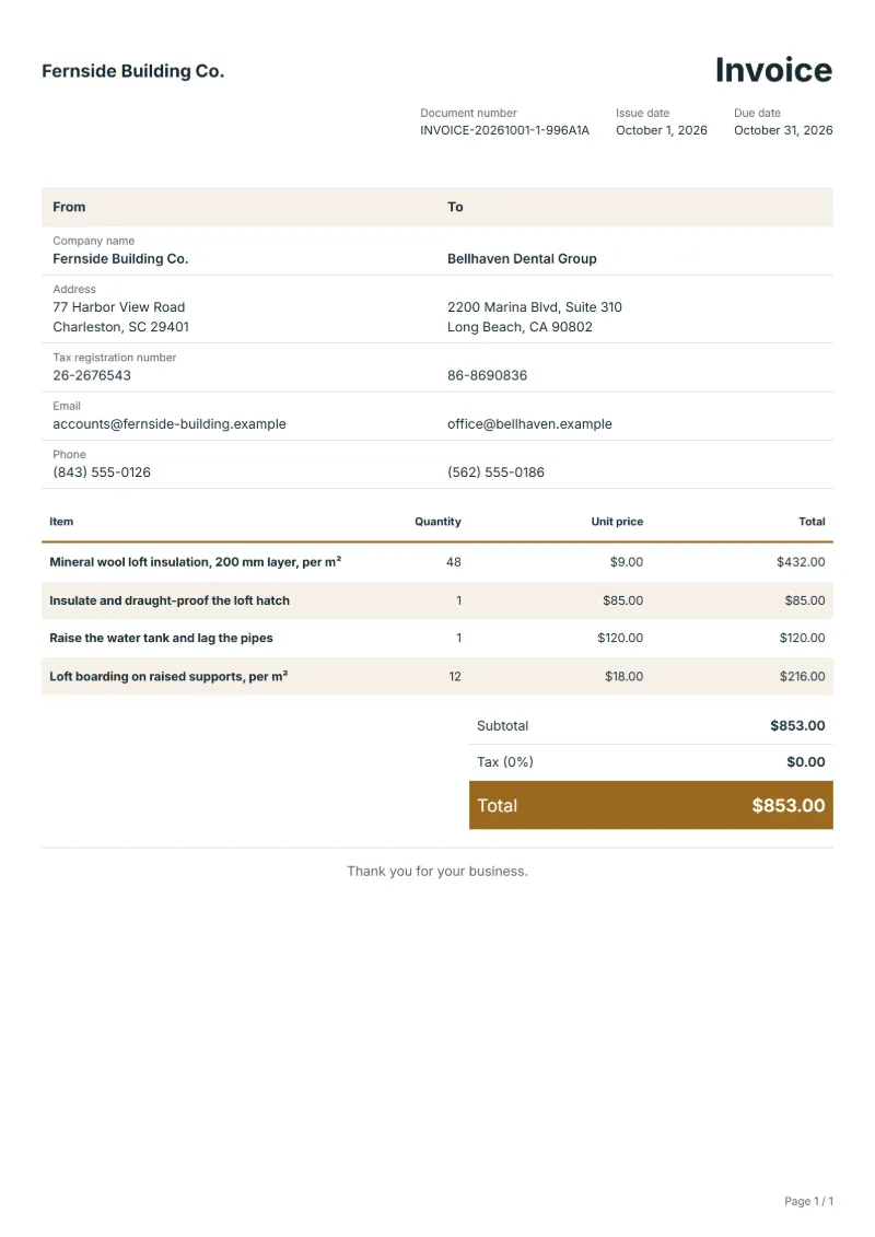Free insulation installer invoice template: sample document with line items, quantities, prices and the total