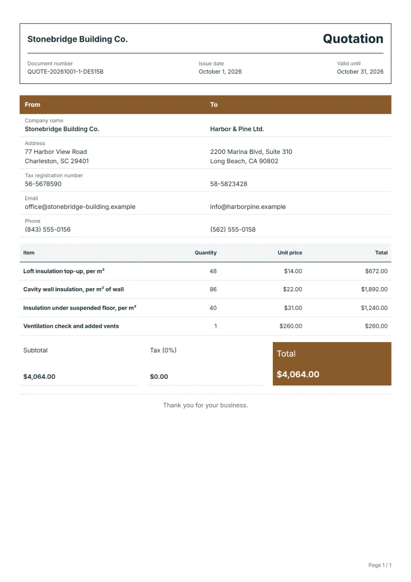 Free insulation retrofit quotation template: sample document with line items, quantities, prices and the total