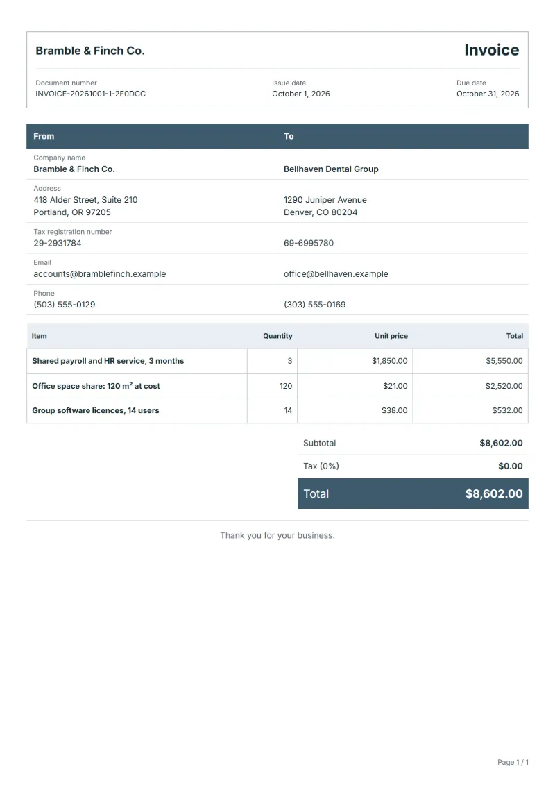 Free intercompany recharge invoice template: sample document with line items, quantities, prices and the total