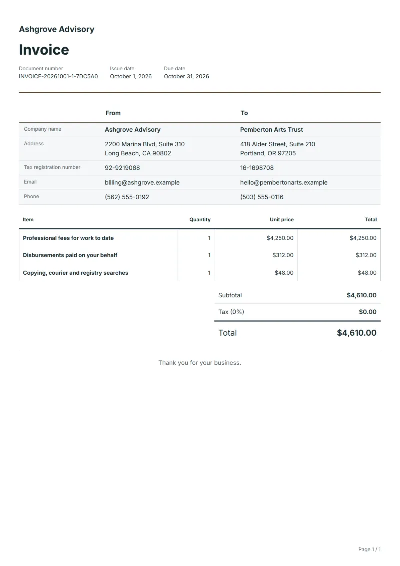 Free interim fee invoice template: sample document with fictional company names, line items, quantities, prices and the total