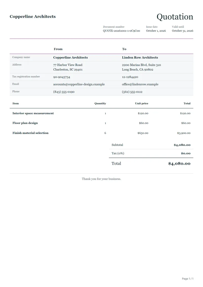 Free interior design quotation template: sample document with line items, quantities, prices and the total