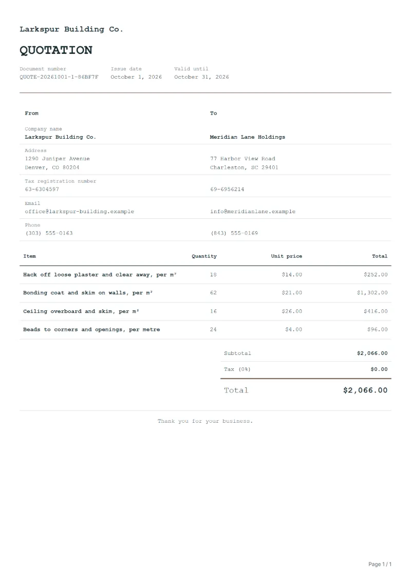 Free interior plastering quotation template: sample document with line items, quantities, prices and the total