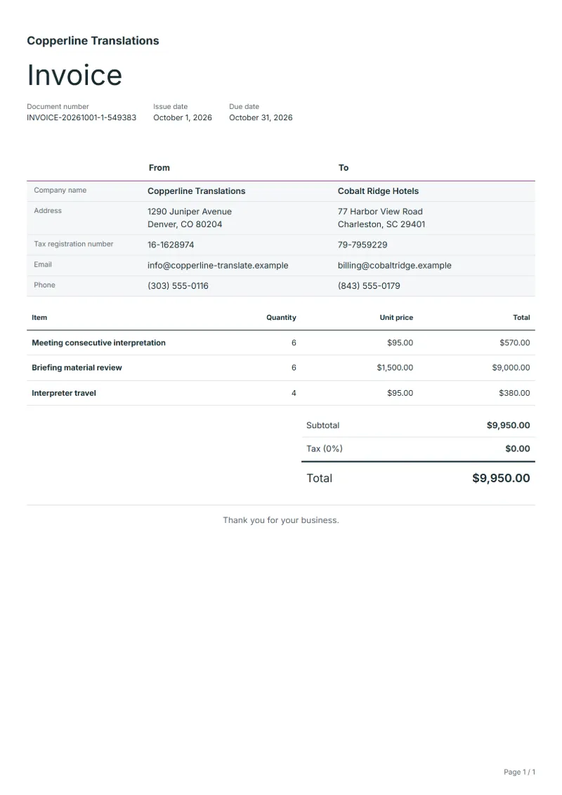 Free interpretation invoice template: sample document with line items, quantities, prices and the total