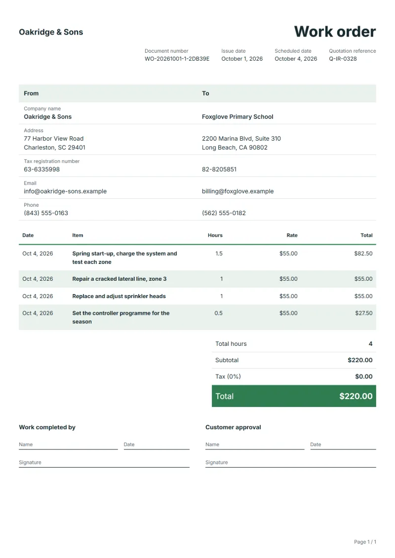 Free irrigation service work order template: sample document with dates, hours, hourly rates and the total