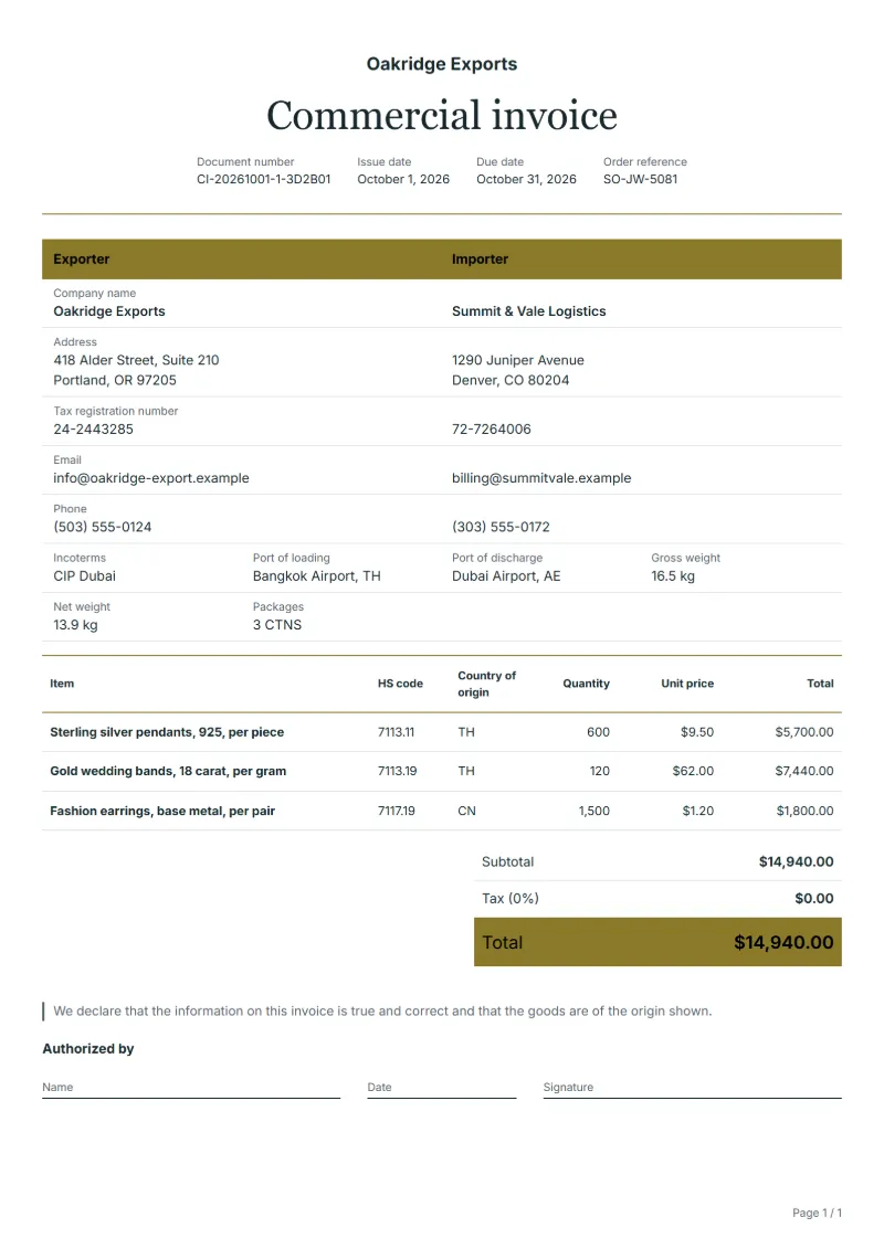 Free jewellery commercial invoice template: sample document with HS code and origin columns, prices and the total