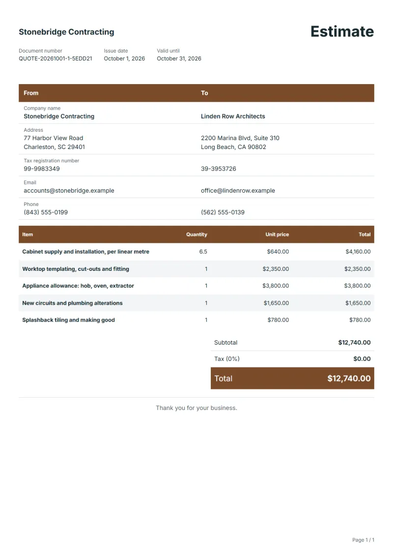 Free kitchen remodel estimate template: sample document with line items, quantities, prices and the total