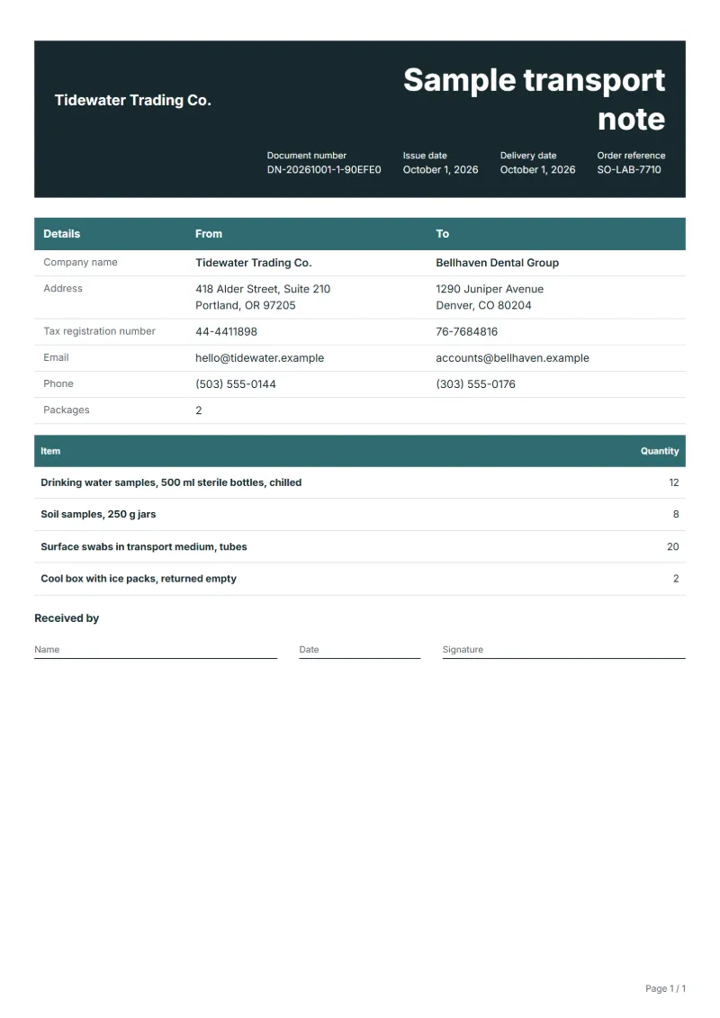 Free laboratory sample delivery note template: sample document with the items, their quantities and a signature line