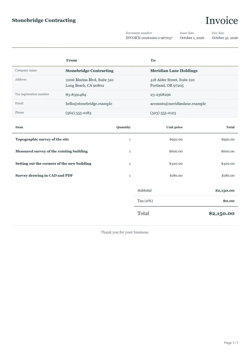 Free land survey invoice template: sample document with fictional company names, line items, quantities, prices and the total