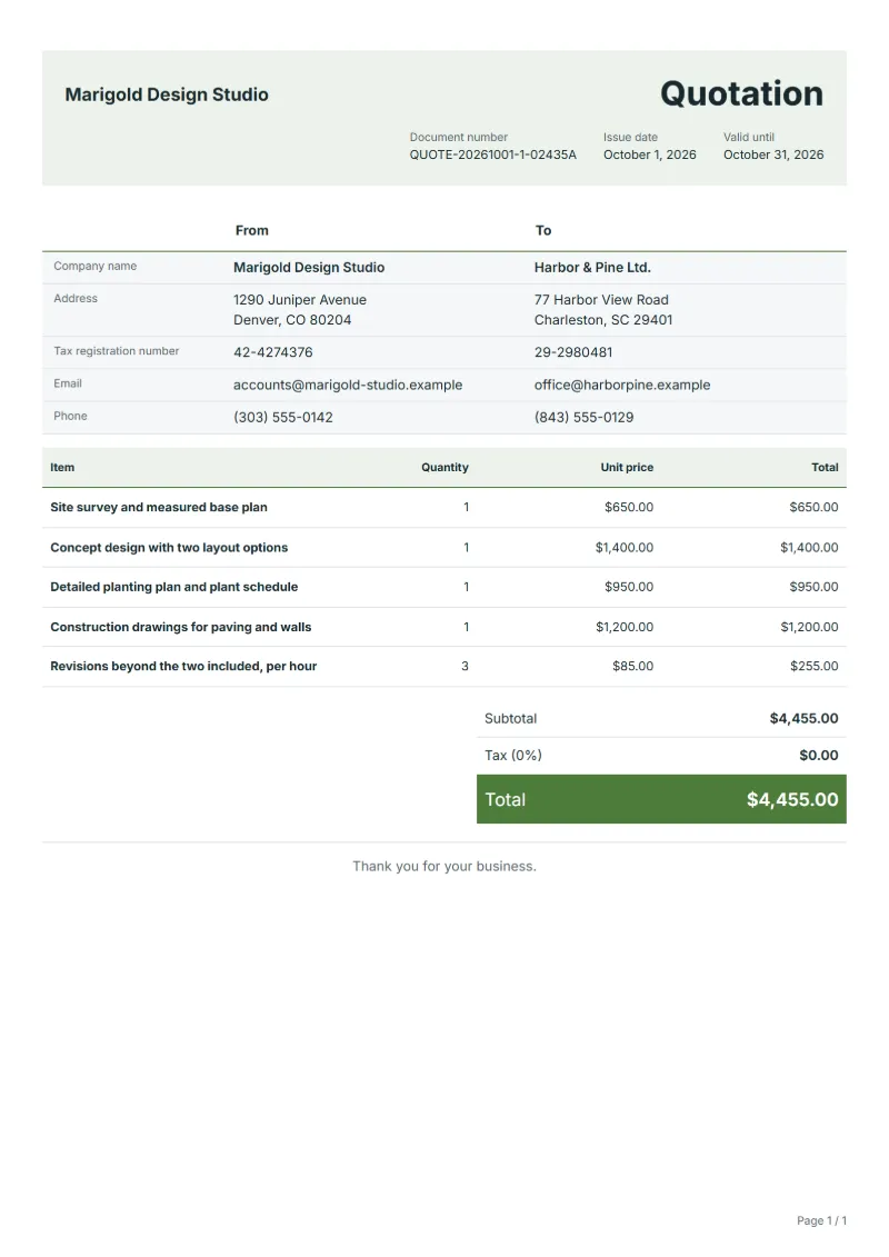 Free landscape design quotation template: sample document with line items, quantities, prices and the total