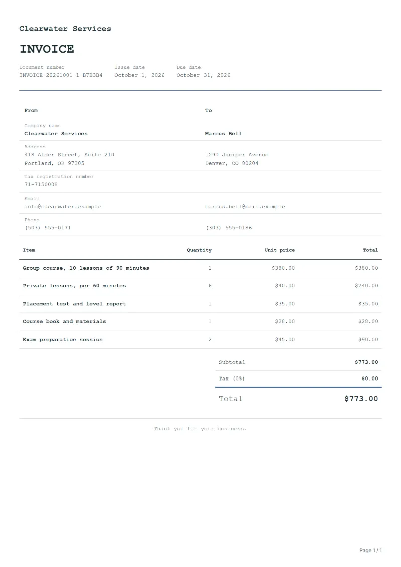 Free language teacher invoice template: sample document with line items, quantities, prices and the total