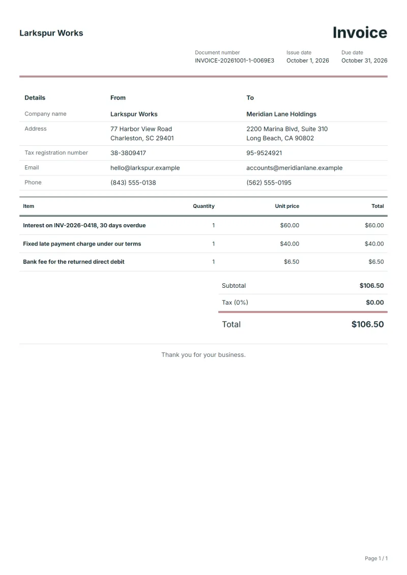 Free late payment fee invoice template: sample document with line items, quantities, prices and the total