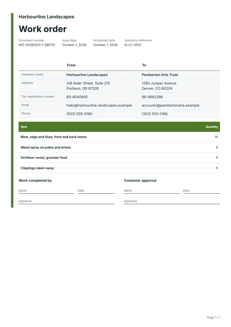 Free lawn care route work order template: sample document with the items, their quantities and a signature line