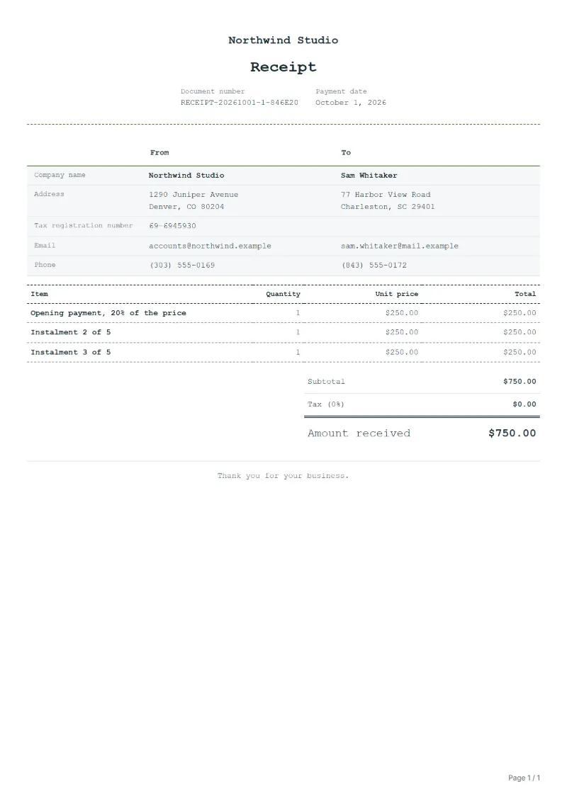Free layaway receipt template: sample document with fictional company names, line items, quantities, prices and the total