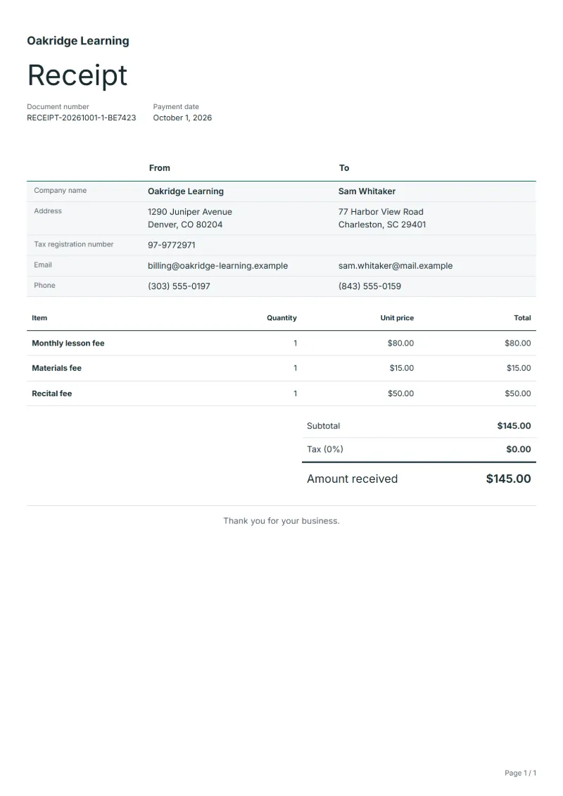 Free lesson fee receipt template: sample document with fictional company names, line items, quantities, prices and the total