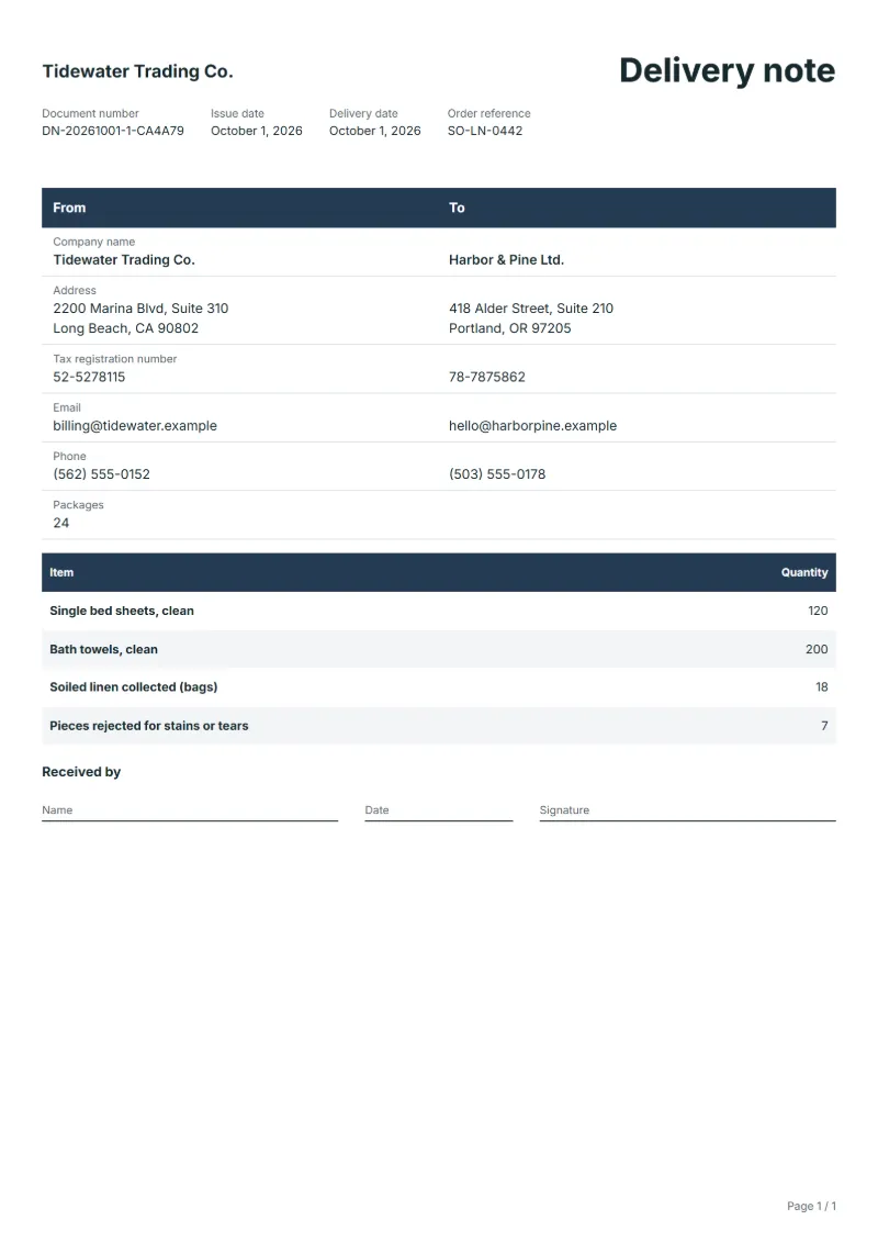 Free linen service delivery note template: sample document with the items, their quantities and a signature line