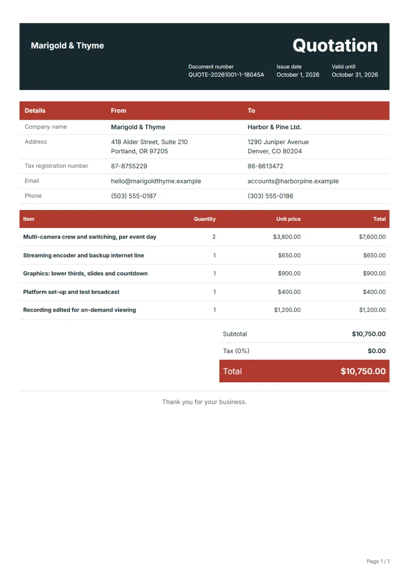 Free live streaming production quotation template: sample document with line items, quantities, prices and the total
