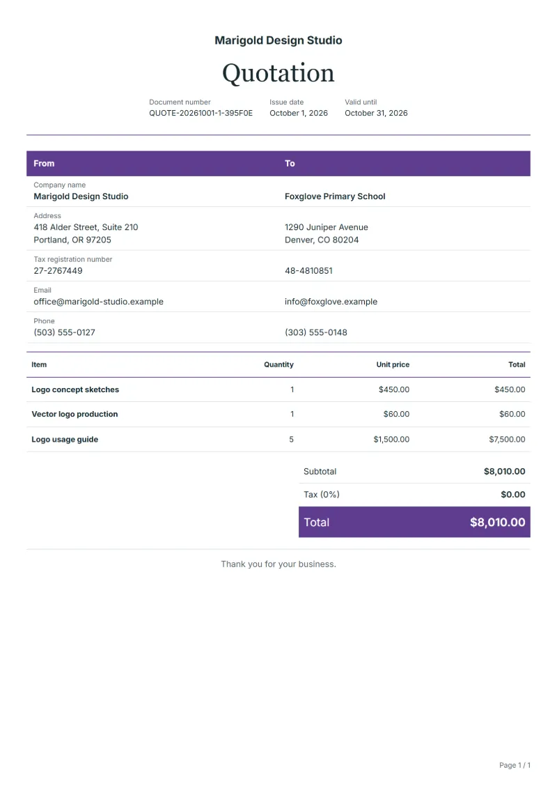 Free logo design quotation template: sample document with line items, quantities, prices and the total