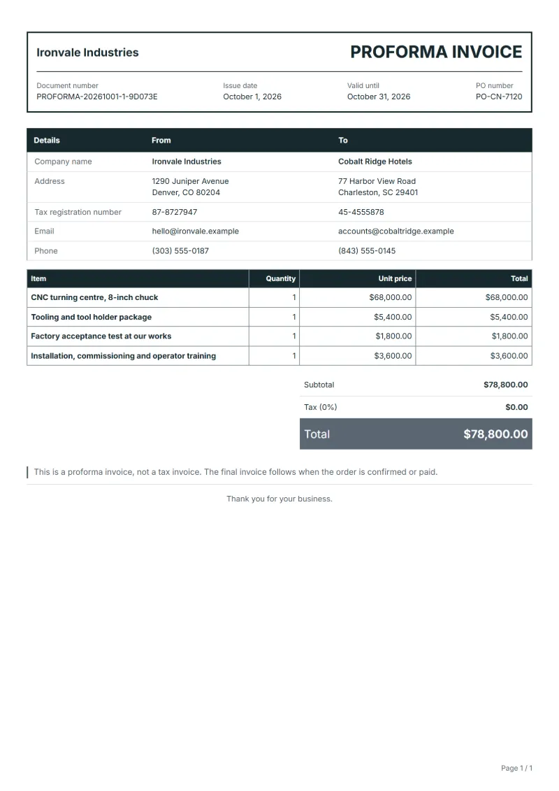 Free machine tool proforma invoice template: sample document with line items, quantities, prices and the total
