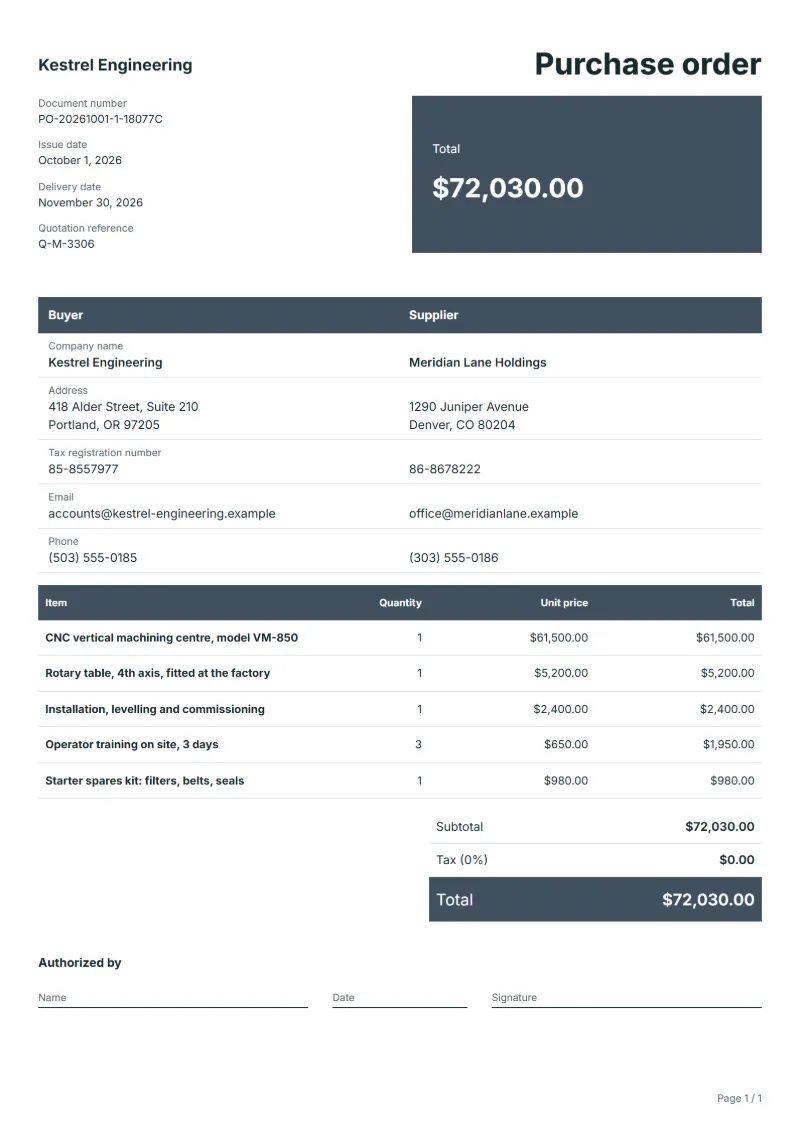 Free machinery and equipment purchase order template: sample document with line items, quantities, prices and the total