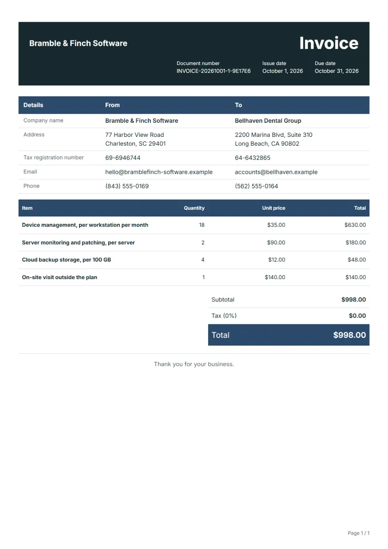 Free managed IT services invoice template: sample document with line items, quantities, prices and the total