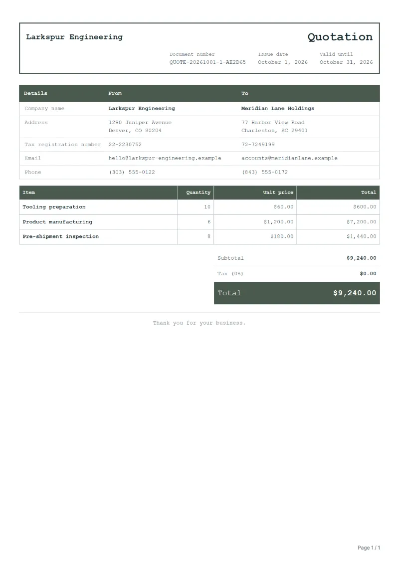 Free contract manufacturing quotation template: sample document with line items, quantities, prices and the total