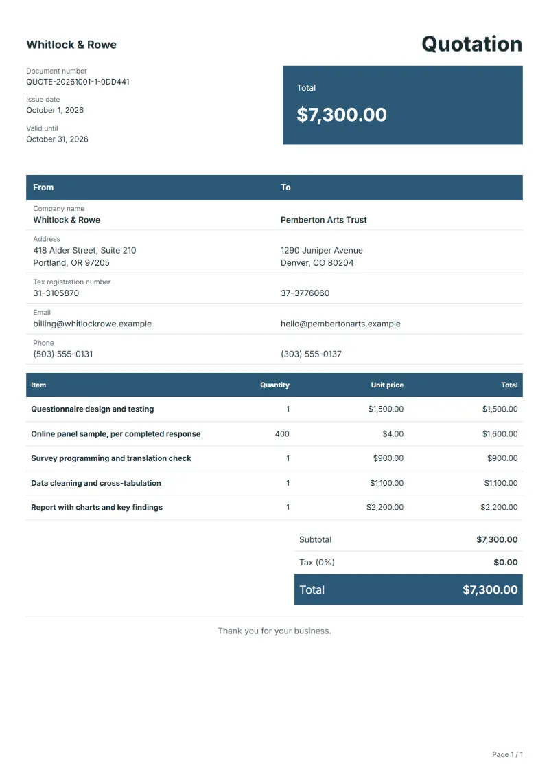Free market research survey quotation template: sample document with line items, quantities, prices and the total