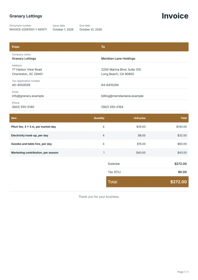 Free market stall pitch fee invoice template: sample document with line items, quantities, prices and the total