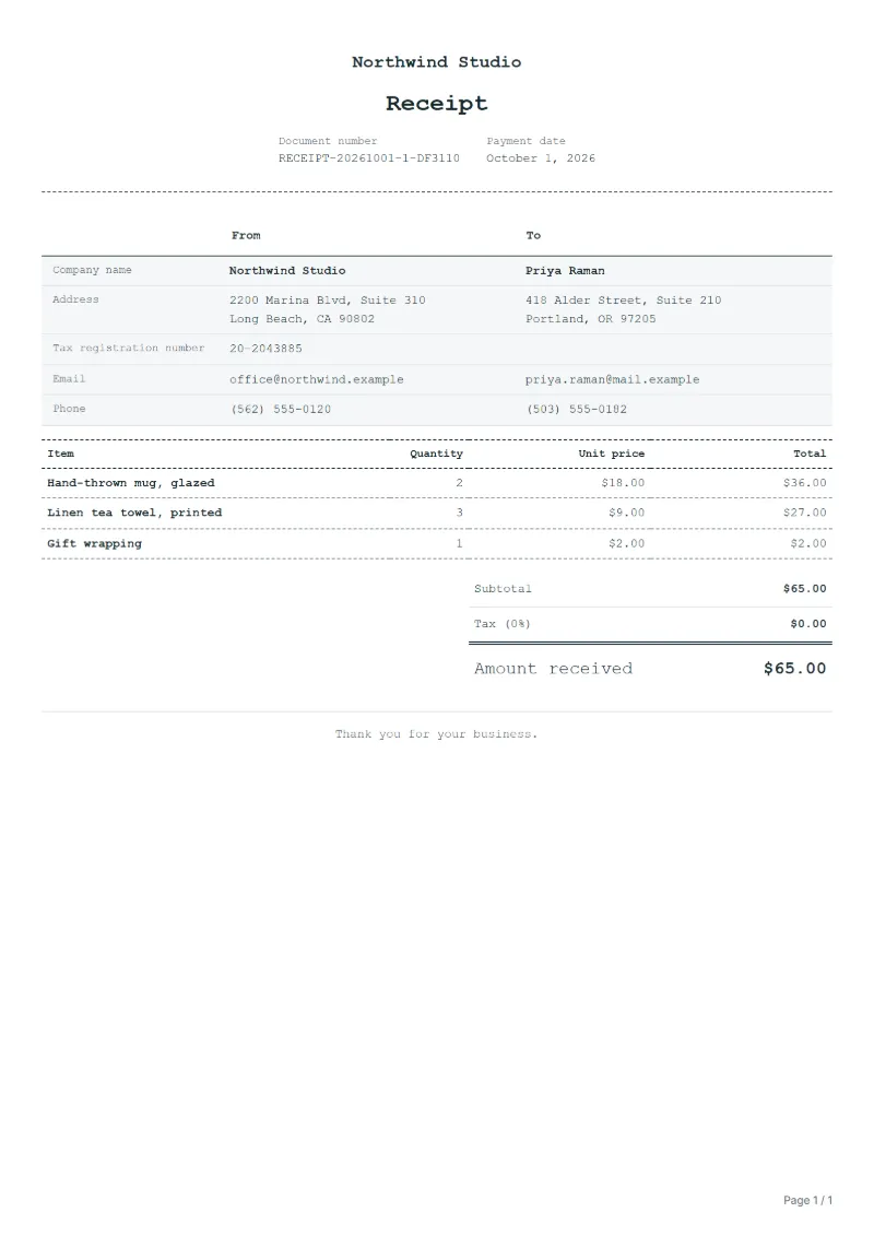 Free market stall receipt template: sample document with line items, quantities, prices and the total