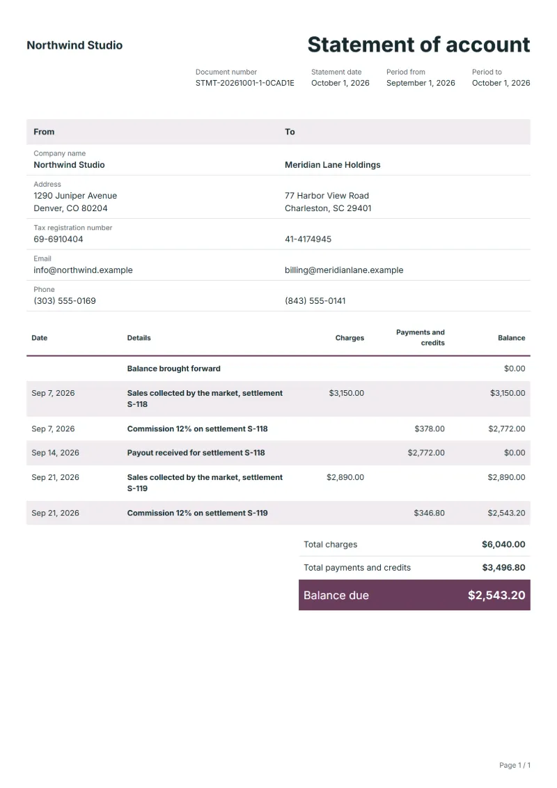 Free marketplace payout statement template: sample document with dated charges, payments and the balance due