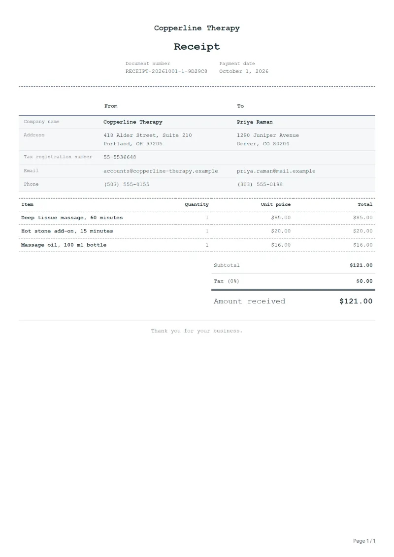 Free massage receipt template: sample document with fictional company names, line items, quantities, prices and the total