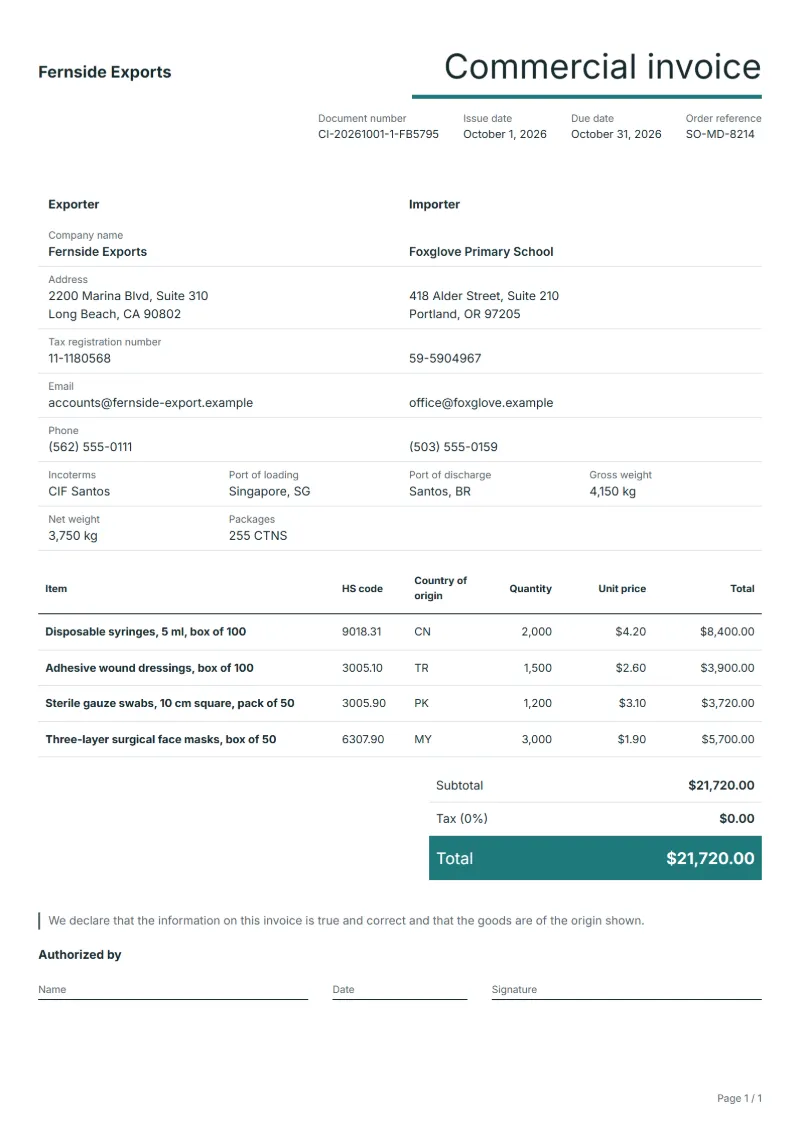 Free medical consumables commercial invoice template: sample document with HS code and origin columns, prices and the total