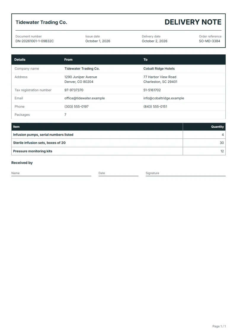 Free medical device delivery note template: sample document with the items, their quantities and a signature line