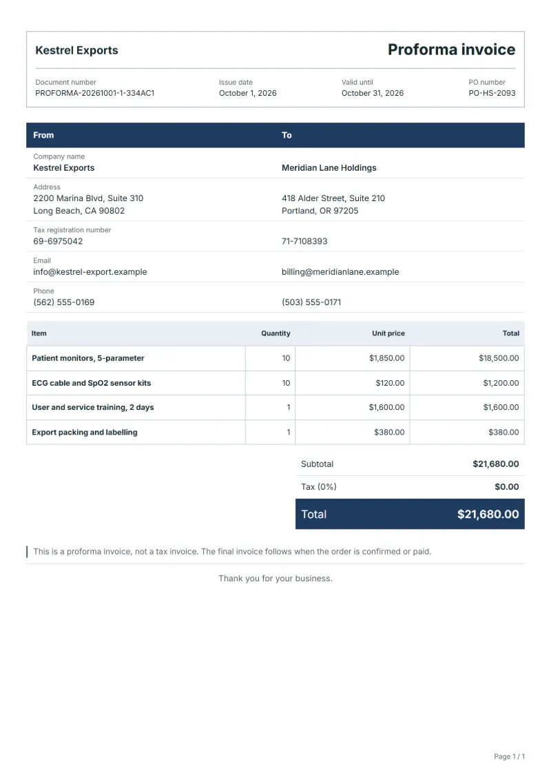 Free medical device export proforma invoice template: sample document with line items, quantities, prices and the total