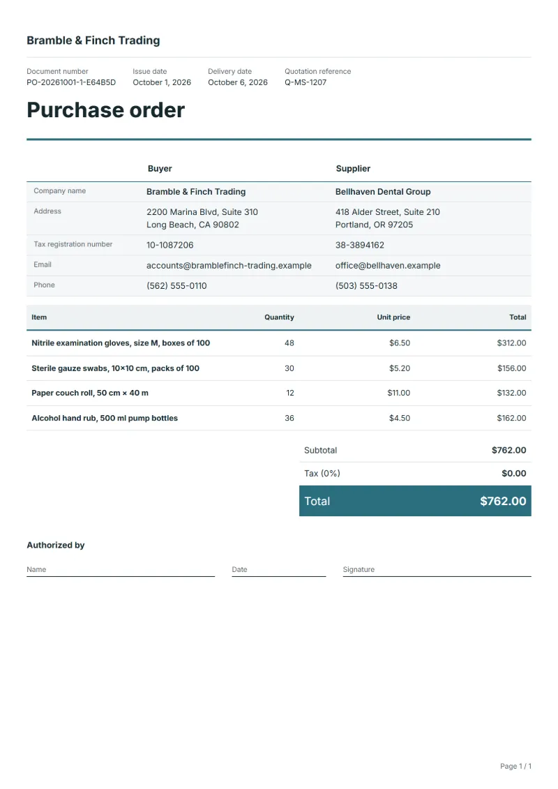 Free medical supplies purchase order template: sample document with line items, quantities, prices and the total