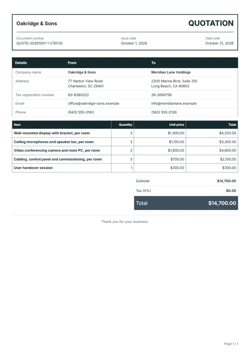 Free meeting room AV installation quotation template: sample document with line items, quantities, prices and the total