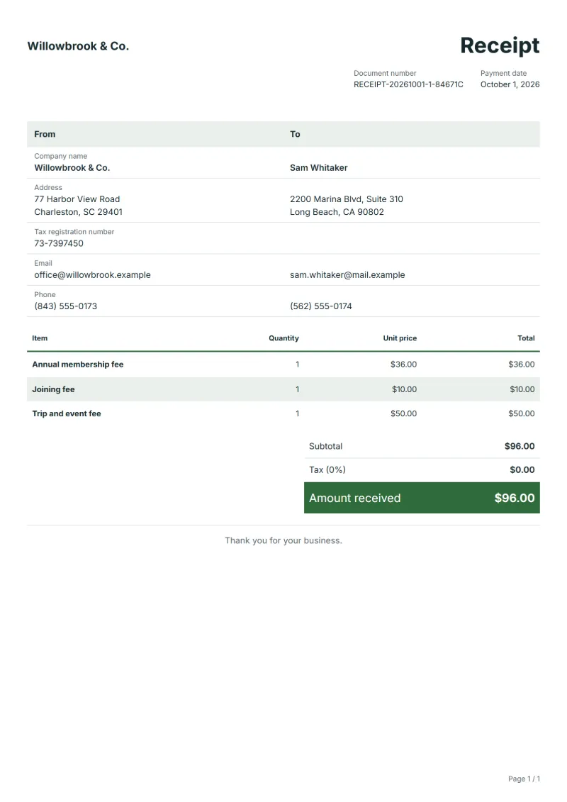 Free membership fee receipt template: sample document with line items, quantities, prices and the total
