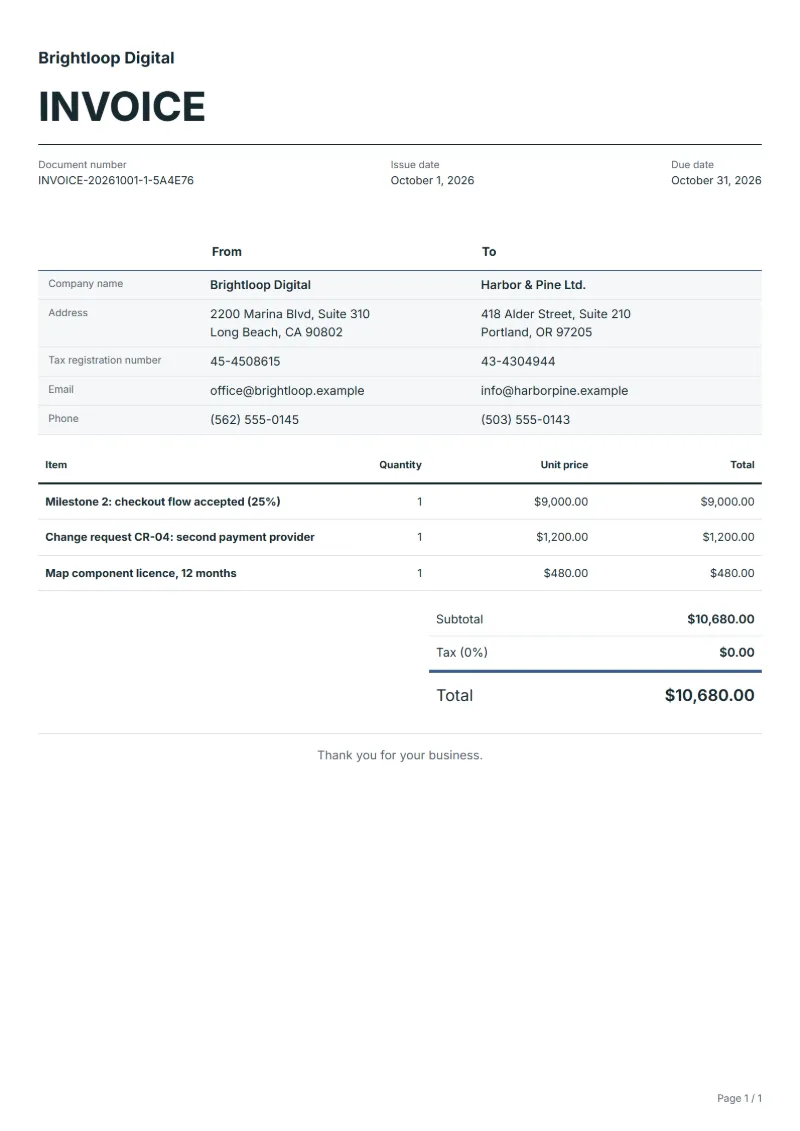 Free milestone invoice template: sample document with fictional company names, line items, quantities, prices and the total
