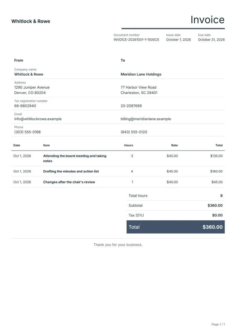 Free minute-taking invoice template: sample document with fictional company names, dates, hours, hourly rates and the total