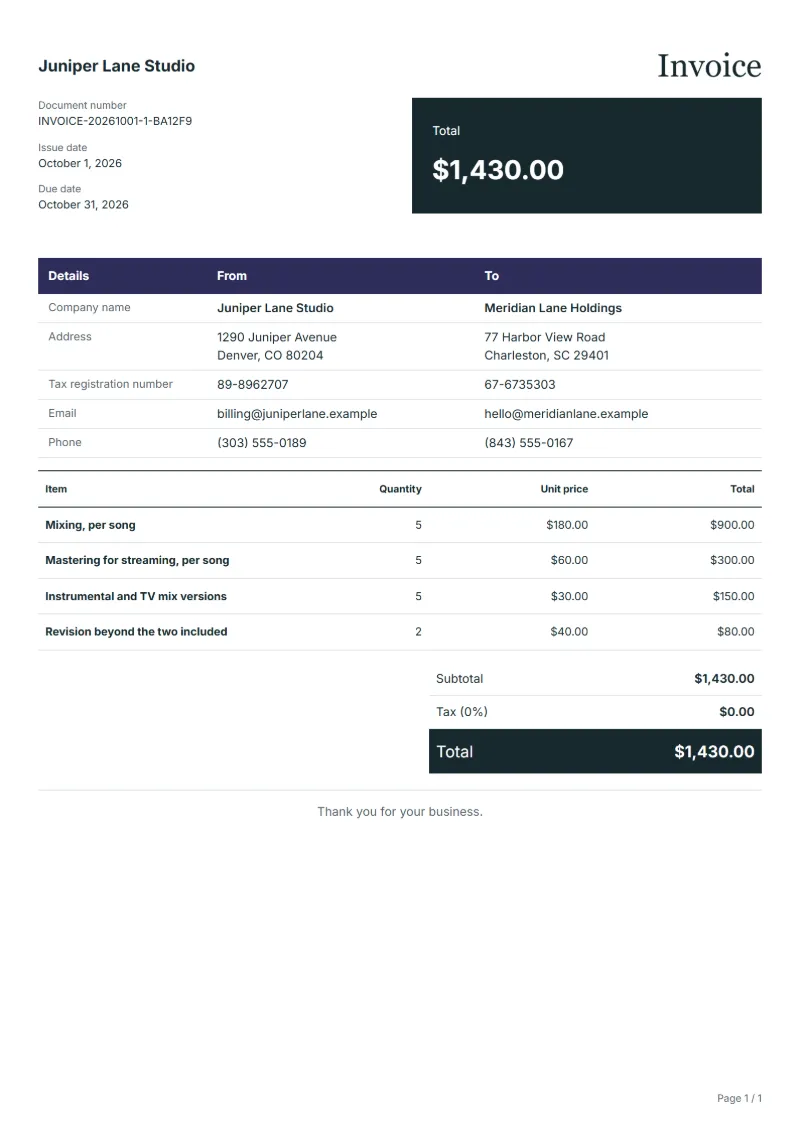 Free mixing and mastering invoice template: sample document with line items, quantities, prices and the total