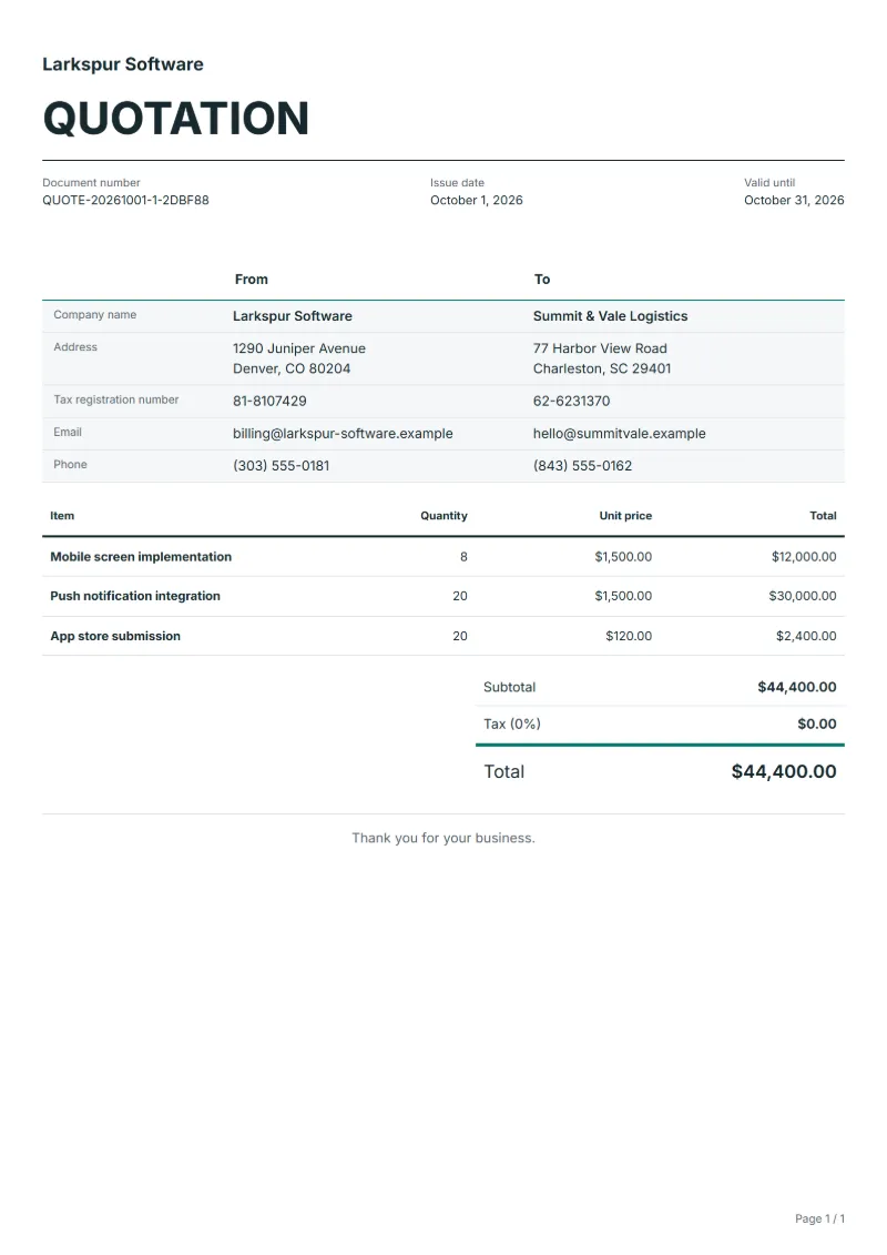 Free mobile app quotation template: sample document with line items, quantities, prices and the total