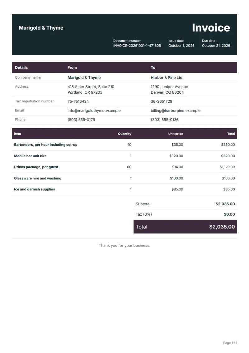 Free mobile bar and bartender invoice template: sample document with line items, quantities, prices and the total