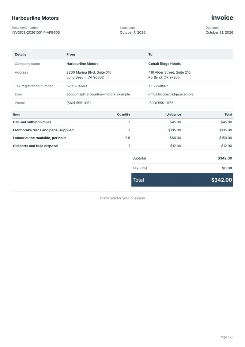 Free mobile mechanic invoice template: sample document with line items, quantities, prices and the total