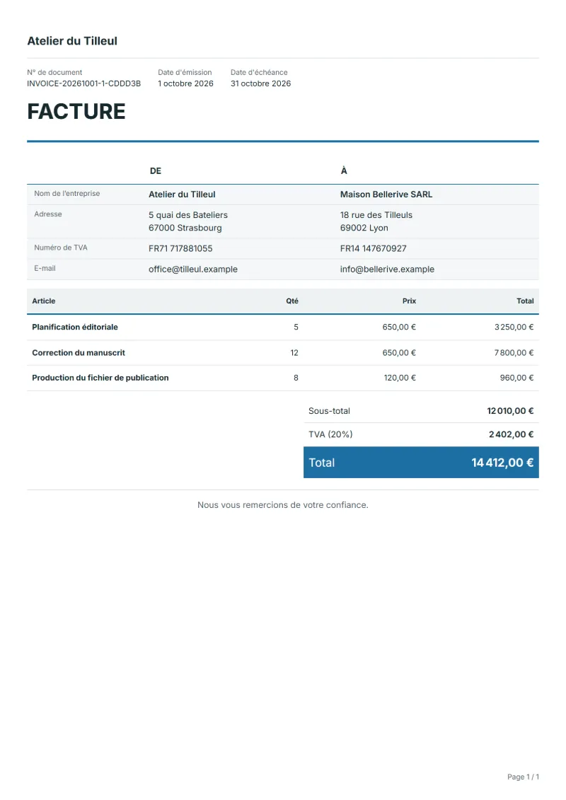 Free modele de facture template: sample document with fictional company names, line items, quantities, prices and the total